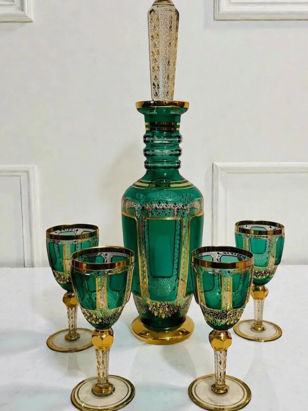 Moser Antique Emerald Cabochon Crystal Decanter • Bohemian Gold Gilt Set with 4